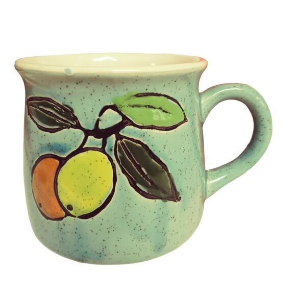🍊 🍋Vintage Fruit Mug ☕ Hand Painted Ceramic Stoneware Rustic Cup🍐🍋🟩 - Picture 5 of 9